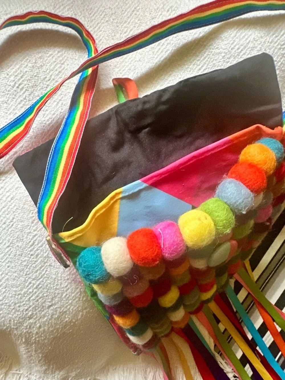Handmade Rainbow Patchwork Crossbody Bag | Boho Pom Pom Fringe Festival Purse